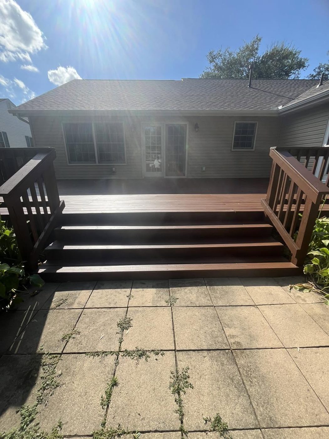 Deck stairs and railings freshly stained